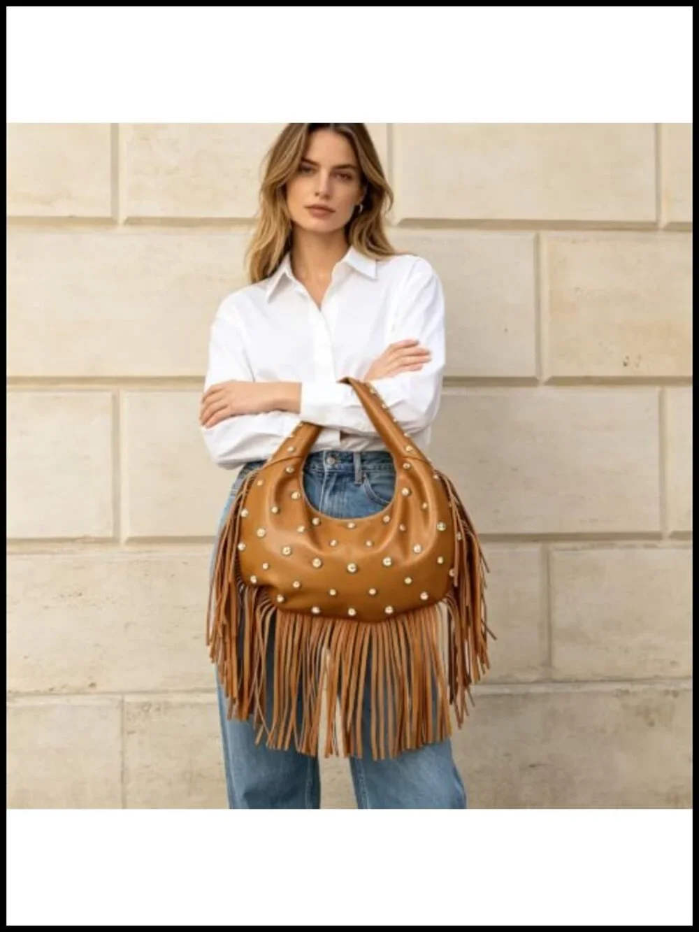 Studded Fringe Hobo Bag Faux Leather Western Cowgirl Tassel Shoulder Purse